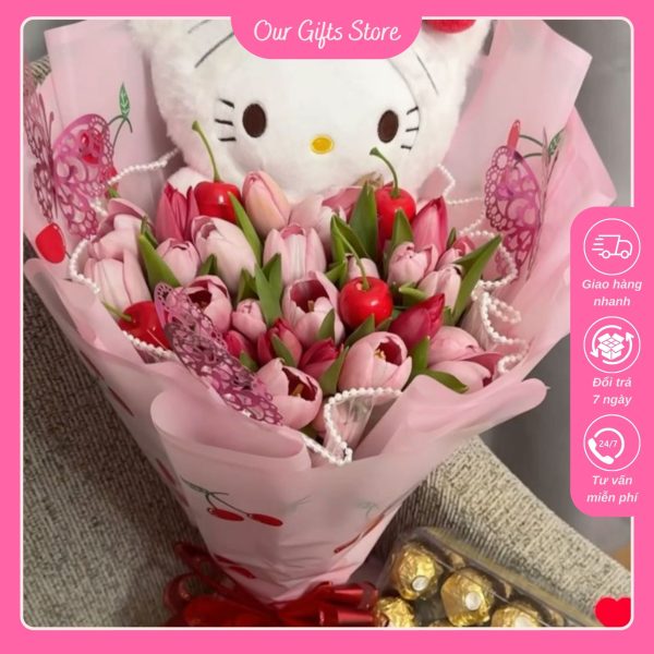 Bó Hoa Gấu Bông Mèo Hello Kitty Kiểu Bó Tròn Hoặc Bó Đứng Dễ Thương